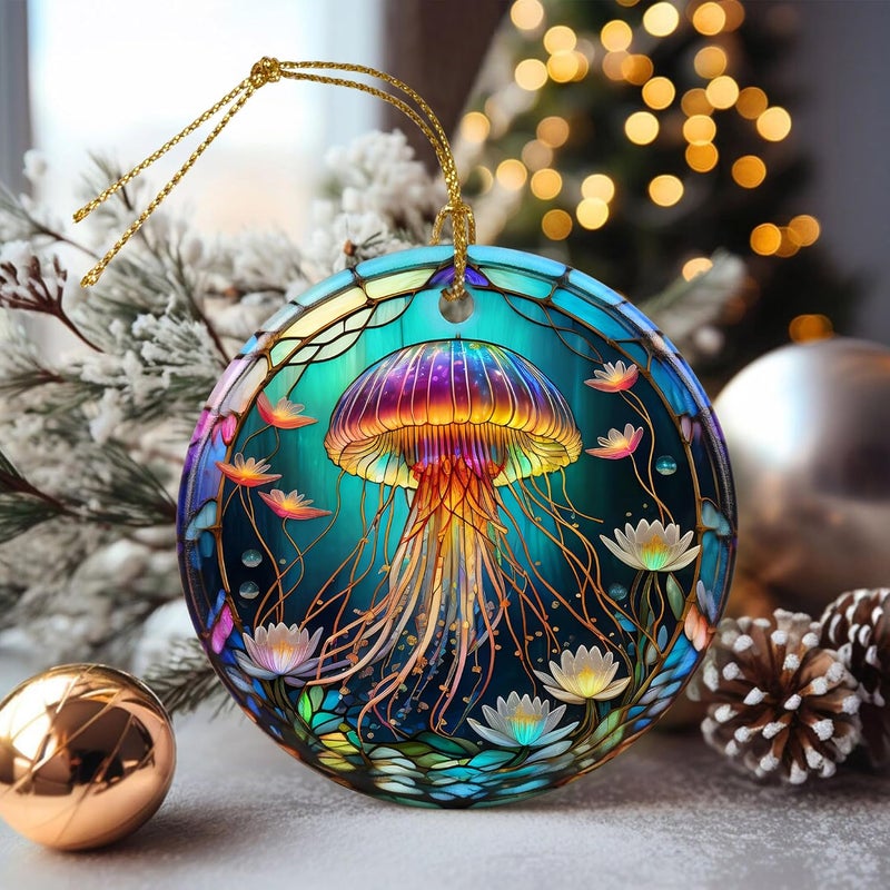 Touber Stained Ceramic Jellyfish Ornament - Jellyfish Christmas Ornaments - Christmas Tree Ornaments - Christmas Decorations - Jellyfish Decor for Office, Room, Home - Holiday Present Ideas - Image 4